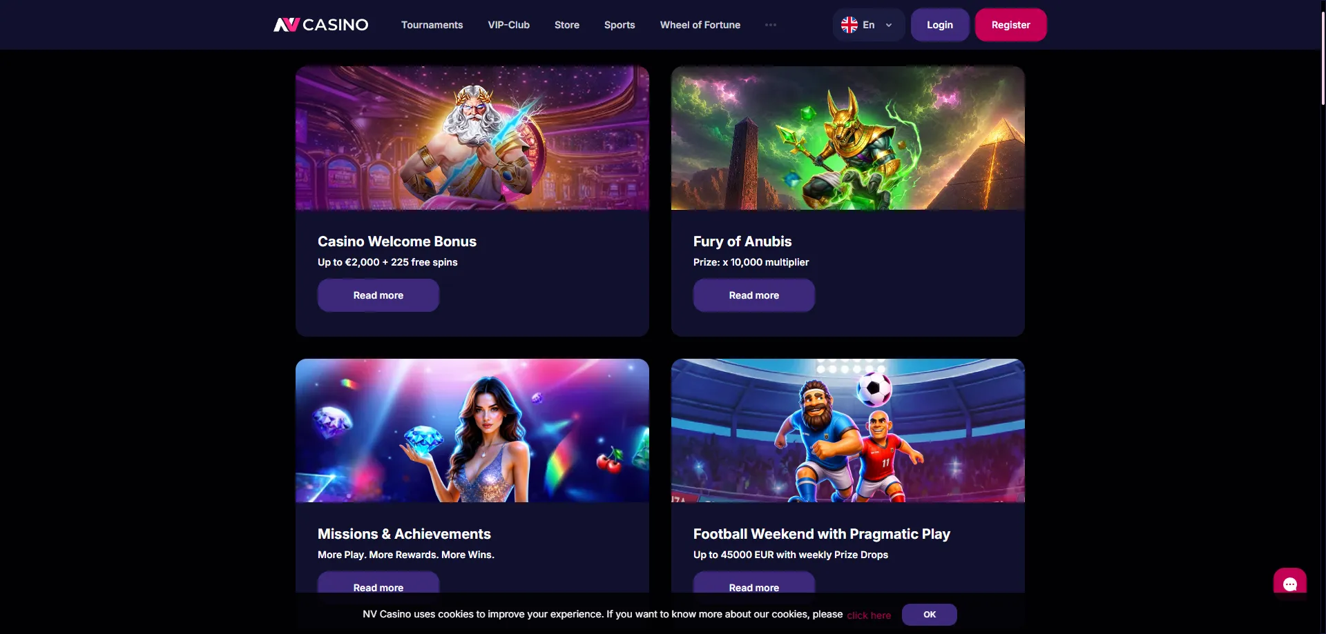 NV Casino velkomstbonus op til €2.000 + 225 gratis spins tilbud